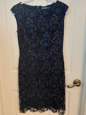 Lauren Ralph Lauren Navy Blue Floral Lace Evening Dress Gown Wedding Guest Sz 4